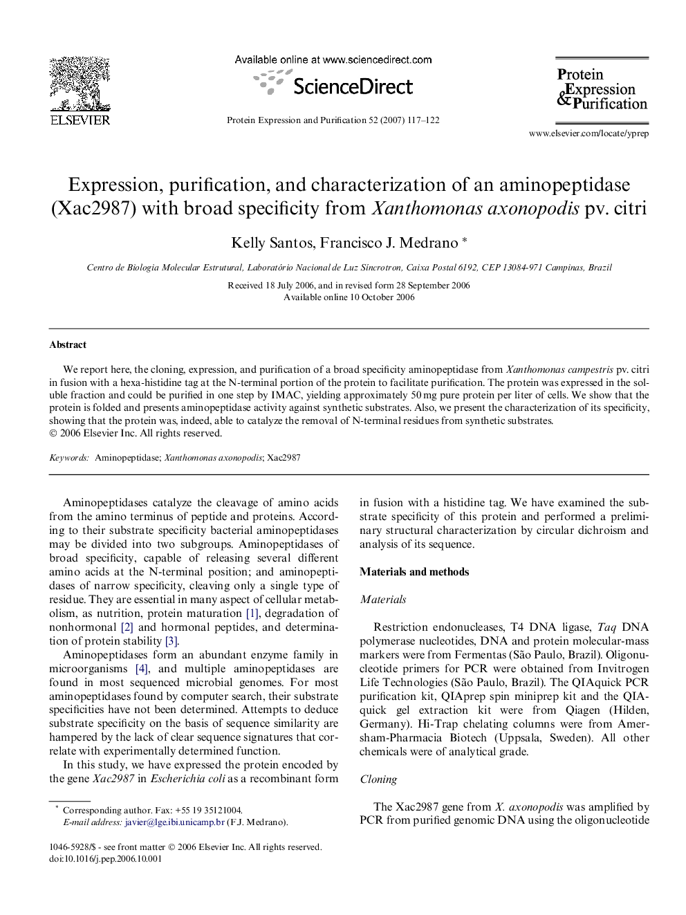 Expression, purification, and characterization of an aminopeptidase (Xac2987) with broad specificity from Xanthomonas axonopodis pv. citri