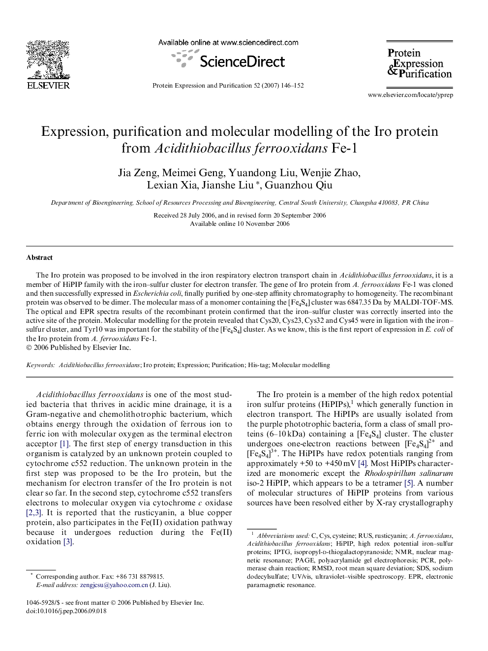 Expression, purification and molecular modelling of the Iro protein from Acidithiobacillus ferrooxidans Fe-1