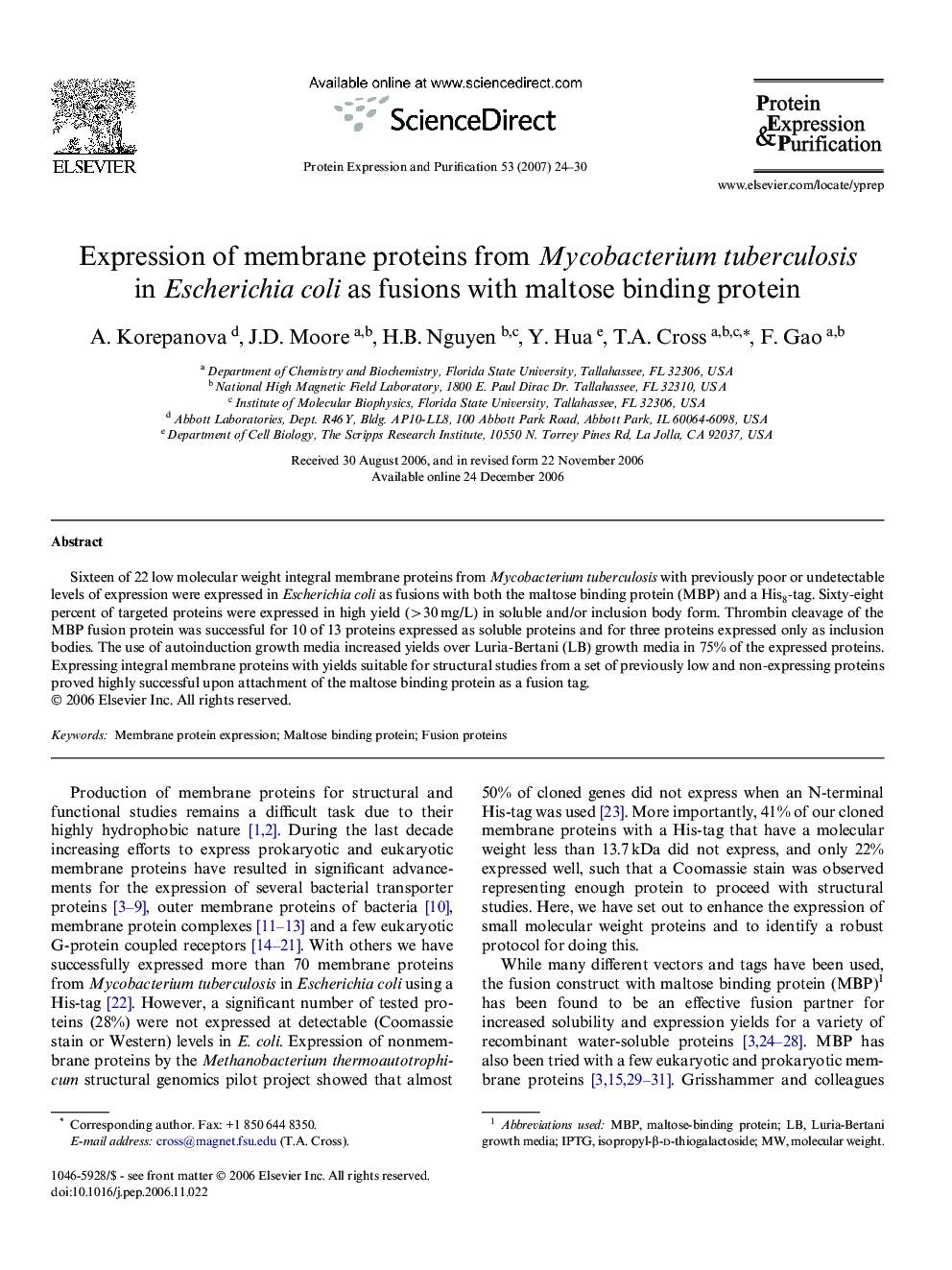 Expression of membrane proteins from Mycobacterium tuberculosis in Escherichia coli as fusions with maltose binding protein