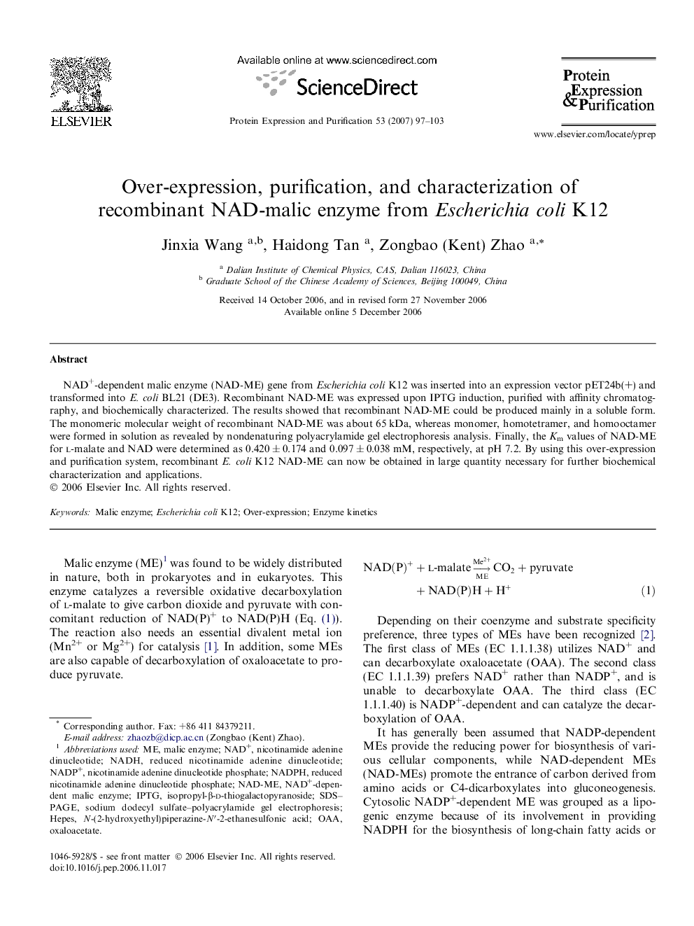 Over-expression, purification, and characterization of recombinant NAD-malic enzyme from Escherichia coli K12