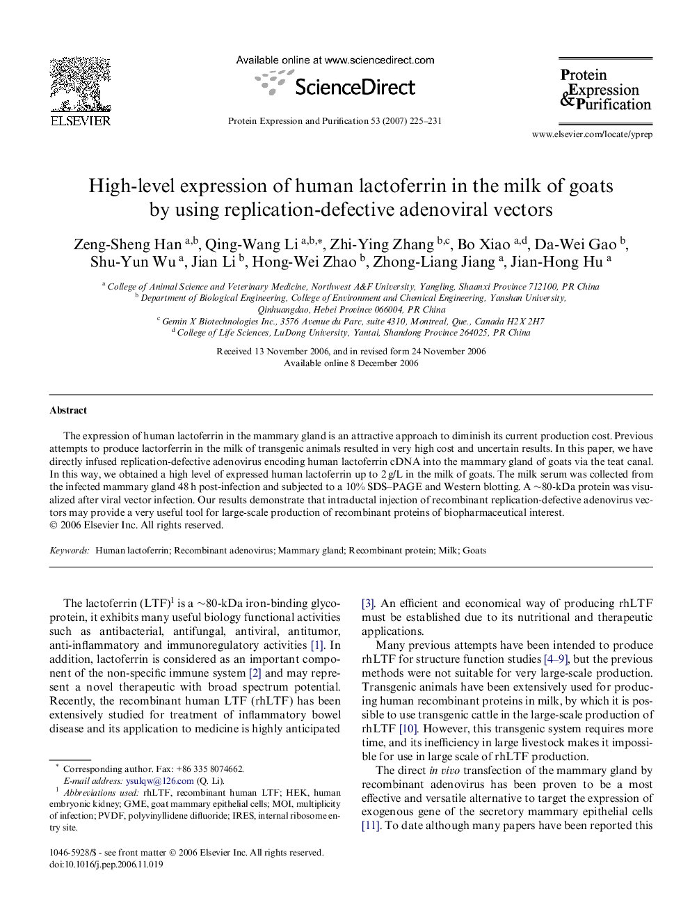 High-level expression of human lactoferrin in the milk of goats by using replication-defective adenoviral vectors