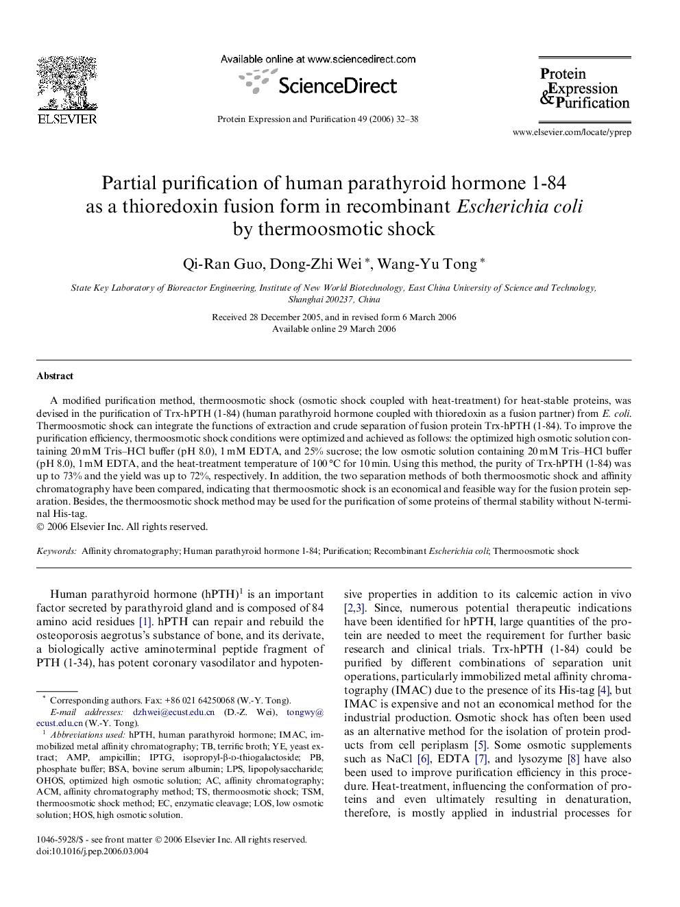 Partial purification of human parathyroid hormone 1-84 as a thioredoxin fusion form in recombinant Escherichia coli by thermoosmotic shock