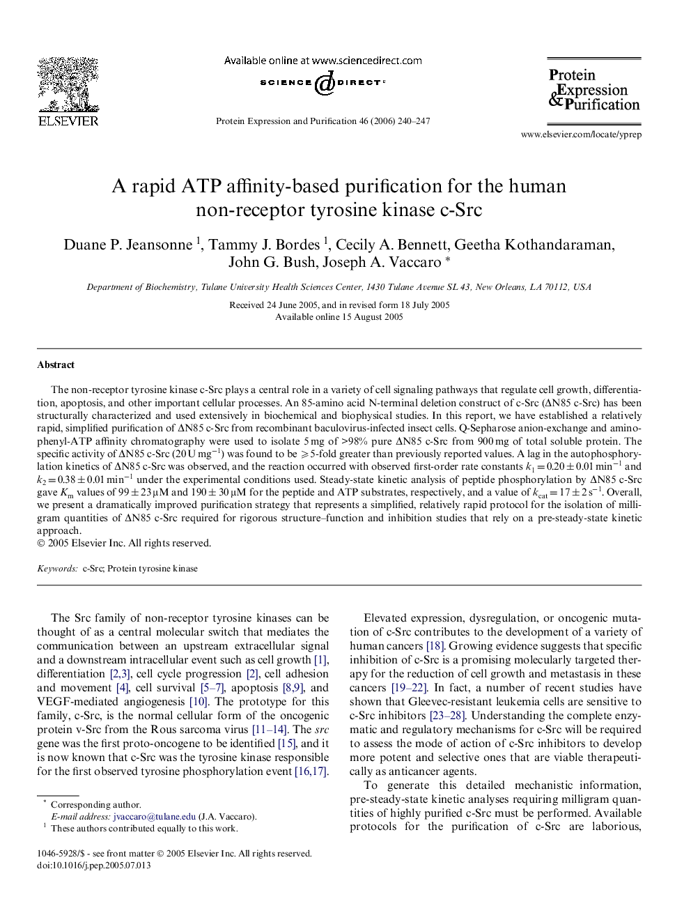 A rapid ATP affinity-based purification for the human non-receptor tyrosine kinase c-Src