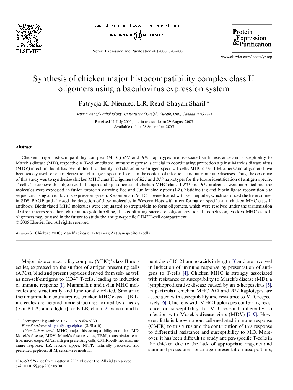 Synthesis of chicken major histocompatibility complex class II oligomers using a baculovirus expression system