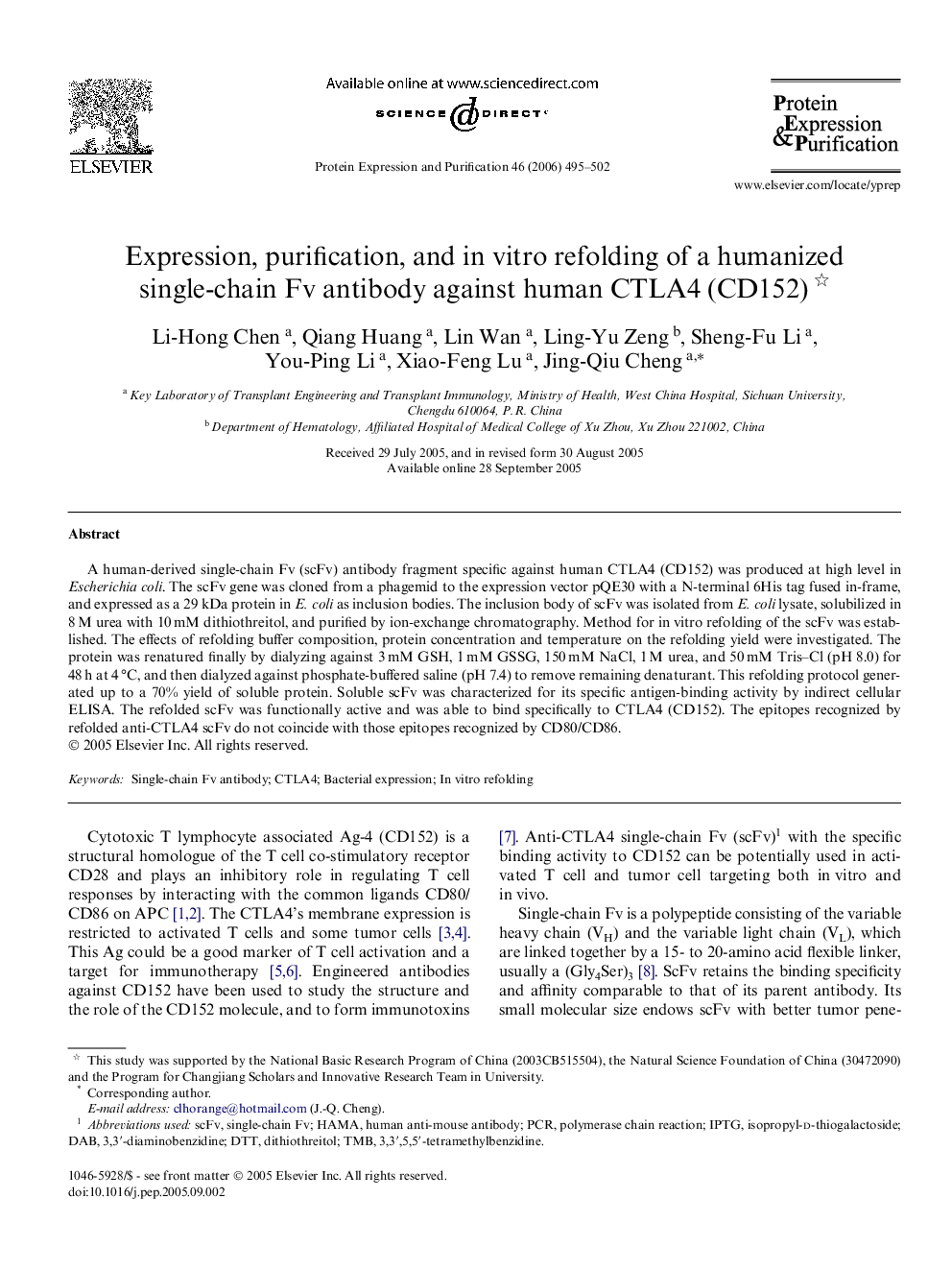 Expression, purification, and in vitro refolding of a humanized single-chain Fv antibody against human CTLA4 (CD152) 