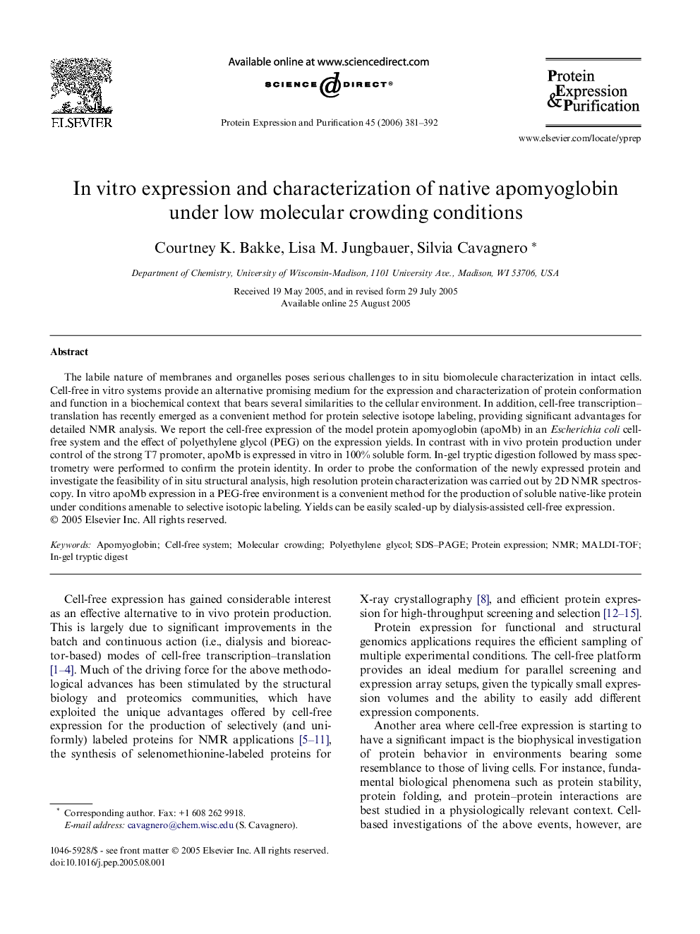 In vitro expression and characterization of native apomyoglobin under low molecular crowding conditions