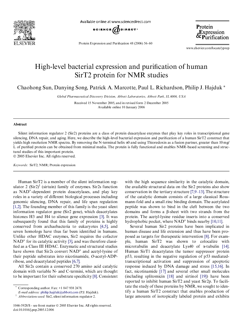 High-level bacterial expression and purification of human SirT2 protein for NMR studies