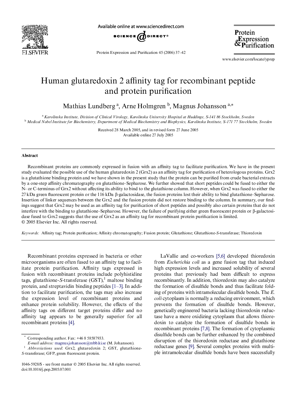 Human glutaredoxin 2 affinity tag for recombinant peptide and protein purification