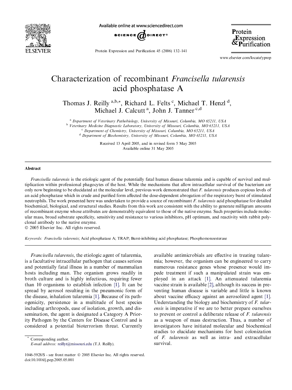 Characterization of recombinant Francisella tularensis acid phosphatase A