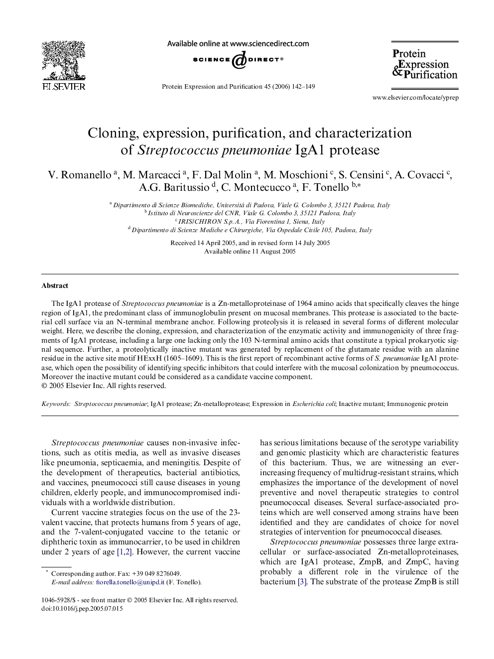 Cloning, expression, purification, and characterization of Streptococcus pneumoniae IgA1 protease