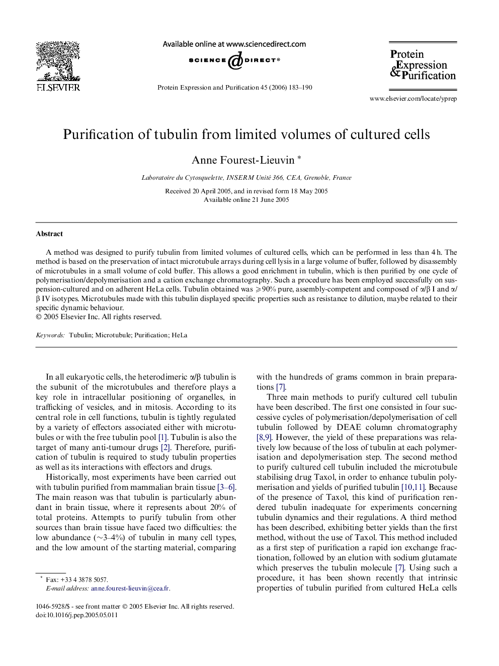 Purification of tubulin from limited volumes of cultured cells