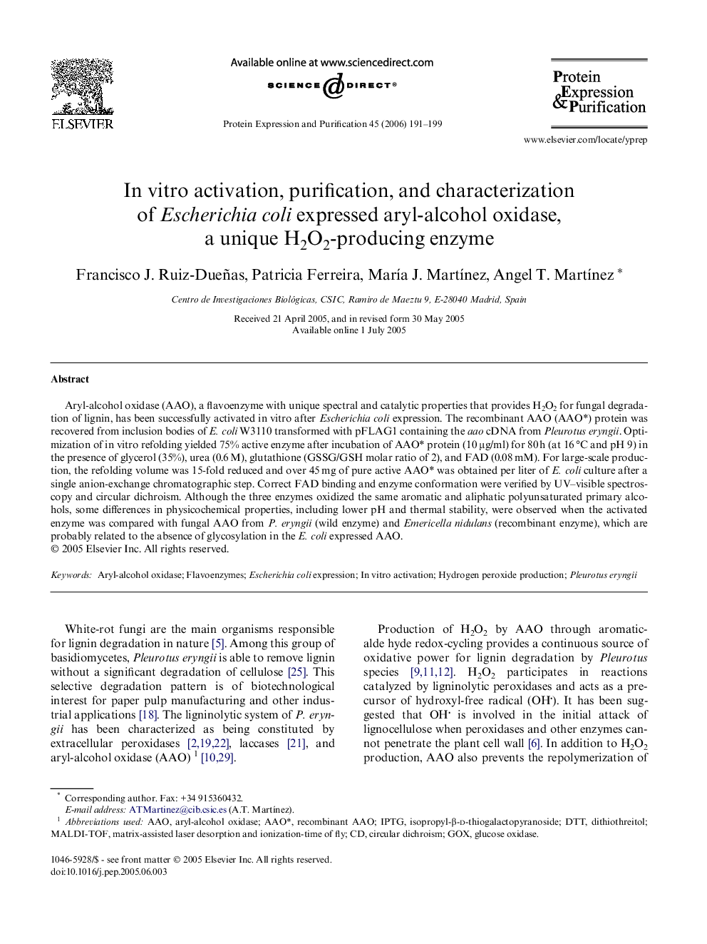 In vitro activation, purification, and characterization of Escherichia coli expressed aryl-alcohol oxidase, a unique H2O2-producing enzyme