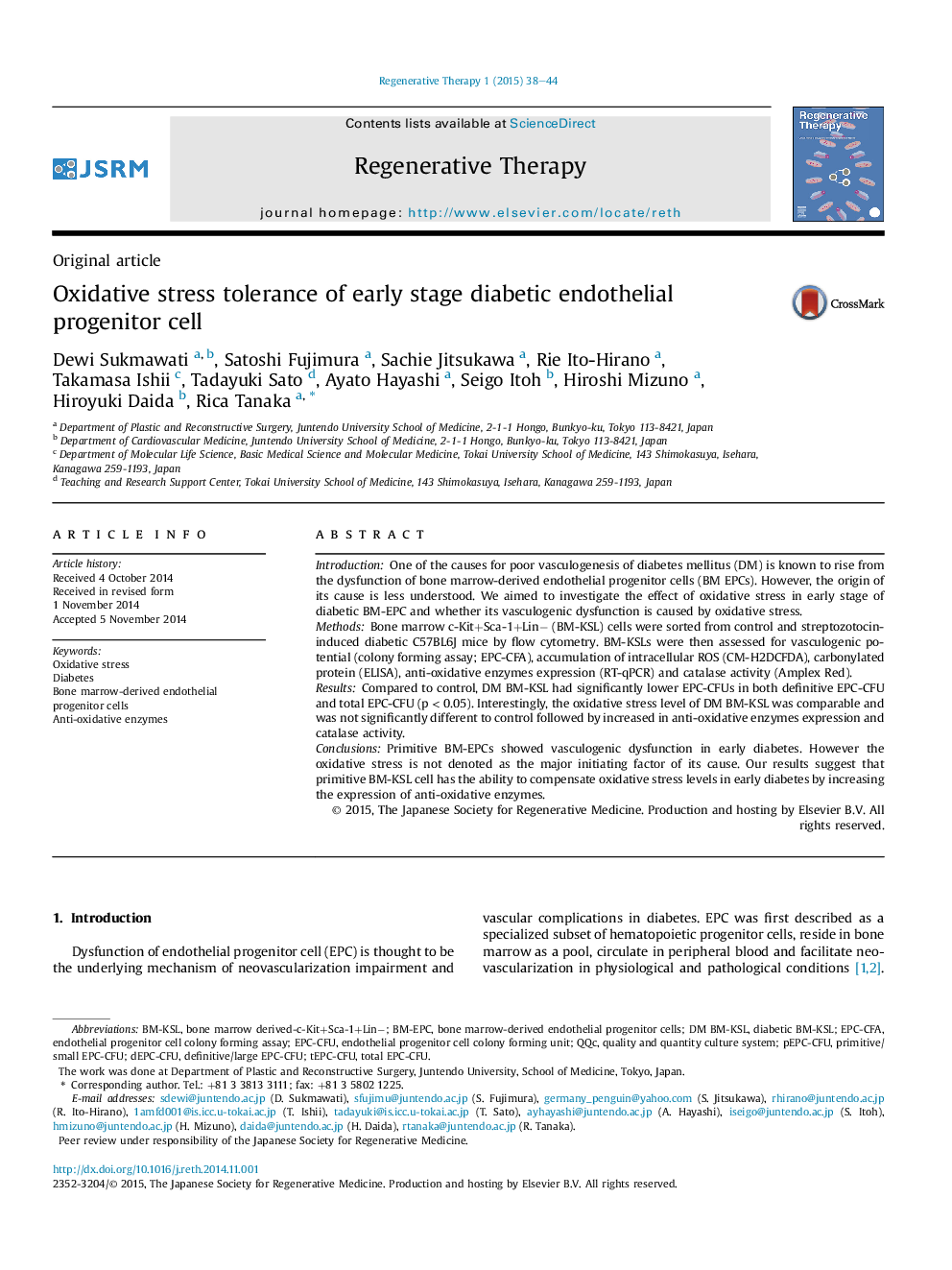 Oxidative stress tolerance of early stage diabetic endothelial progenitor cell 