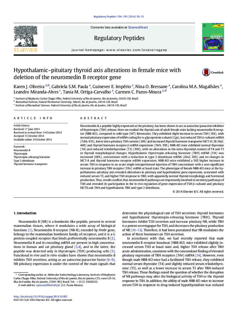 Hypothalamic–pituitary thyroid axis alterations in female mice with deletion of the neuromedin B receptor gene