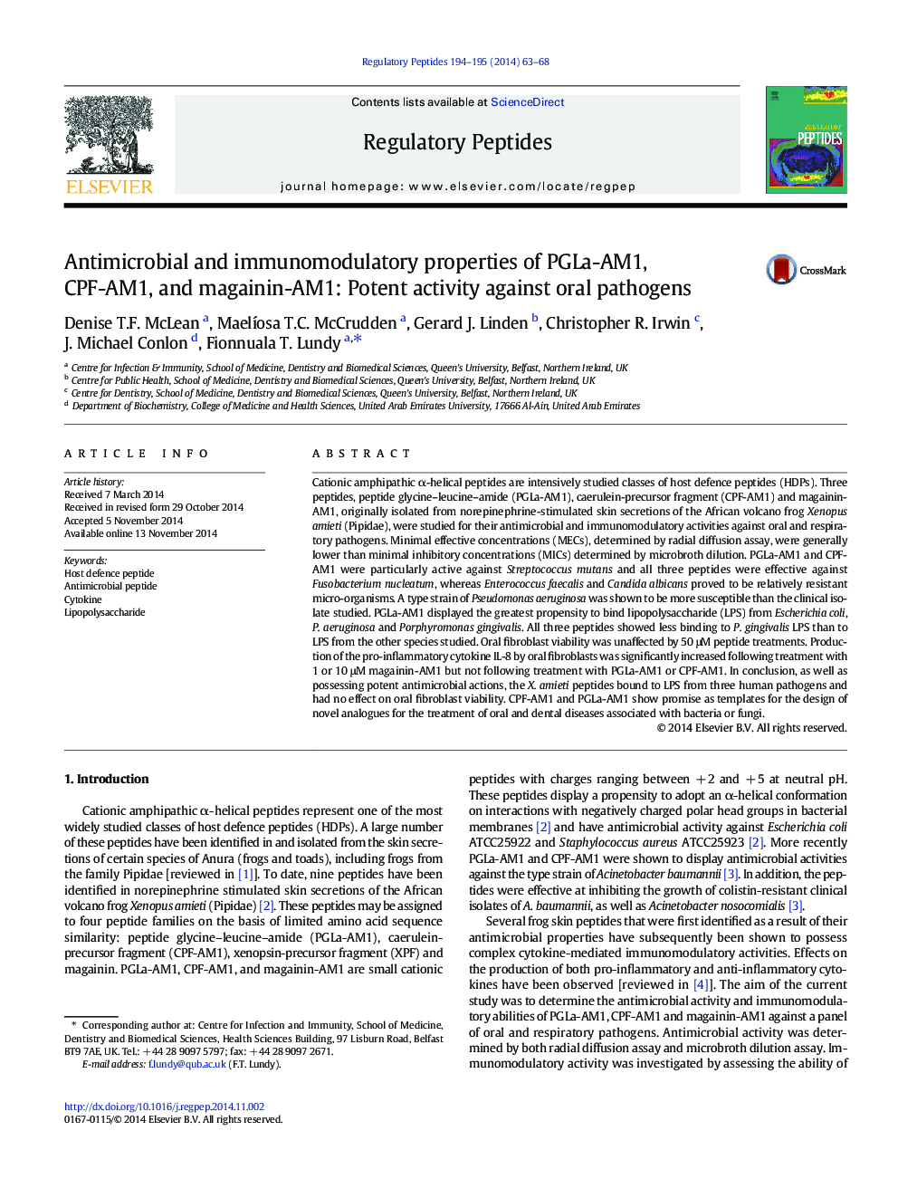 Antimicrobial and immunomodulatory properties of PGLa-AM1, CPF-AM1, and magainin-AM1: Potent activity against oral pathogens