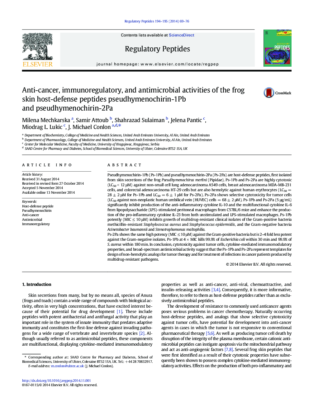 Anti-cancer, immunoregulatory, and antimicrobial activities of the frog skin host-defense peptides pseudhymenochirin-1Pb and pseudhymenochirin-2Pa