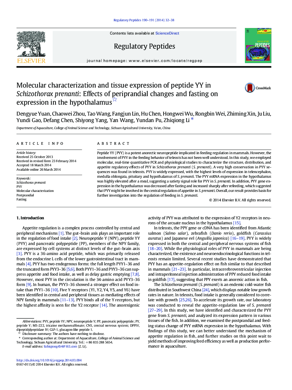 Molecular characterization and tissue expression of peptide YY in Schizothorax prenanti: Effects of periprandial changes and fasting on expression in the hypothalamus 