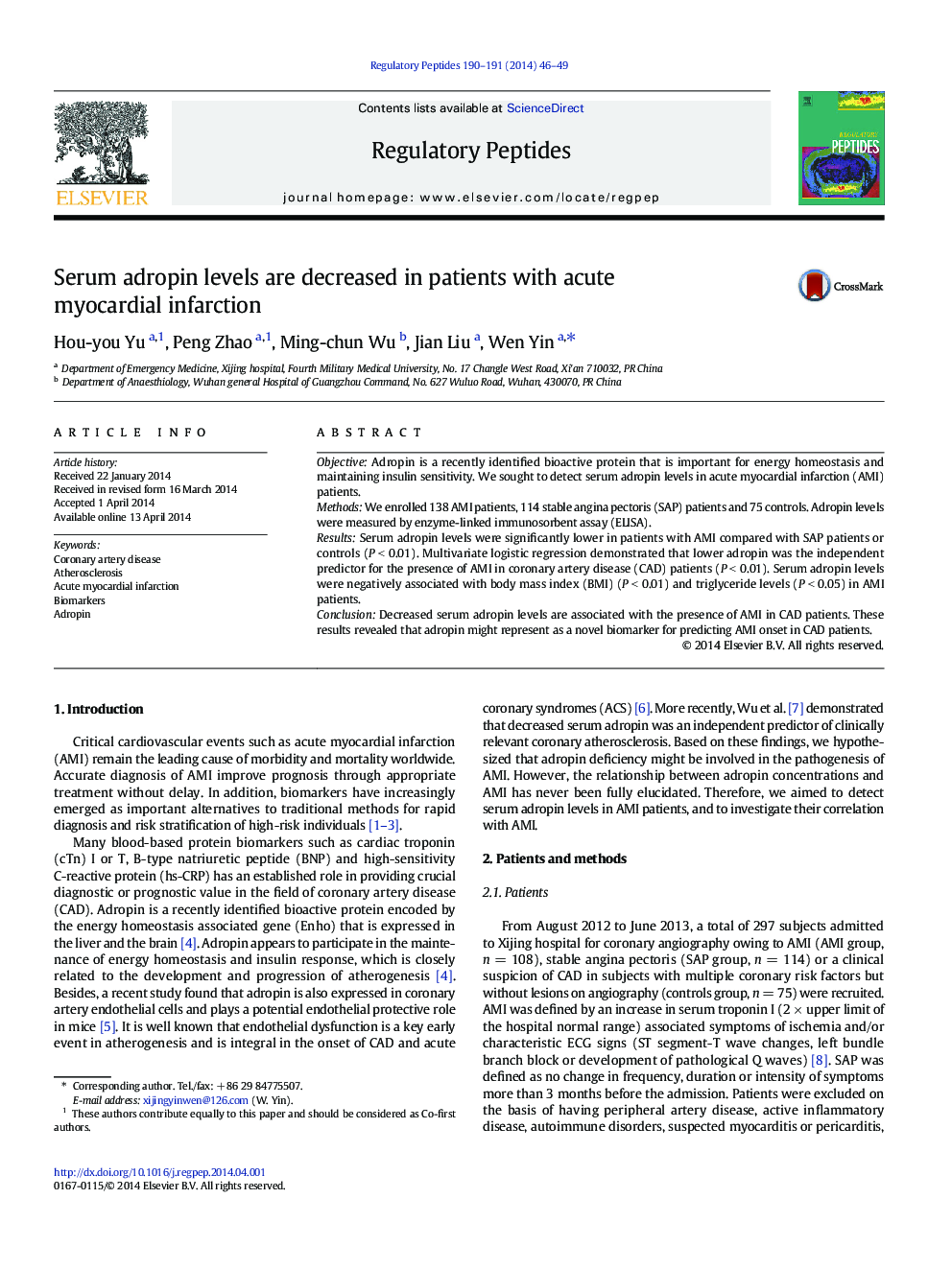 Serum adropin levels are decreased in patients with acute myocardial infarction