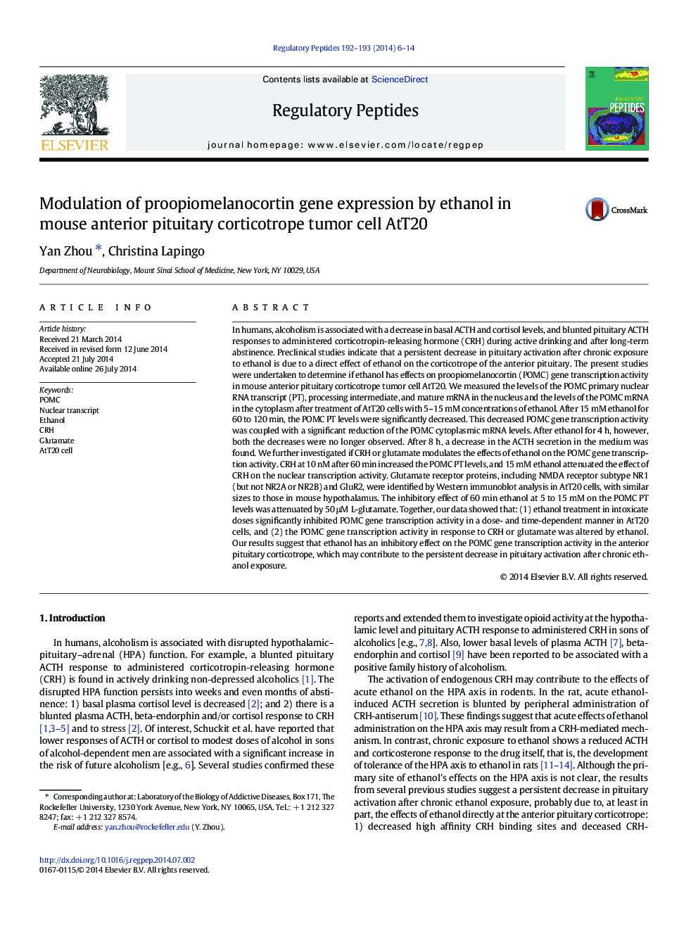 Modulation of proopiomelanocortin gene expression by ethanol in mouse anterior pituitary corticotrope tumor cell AtT20