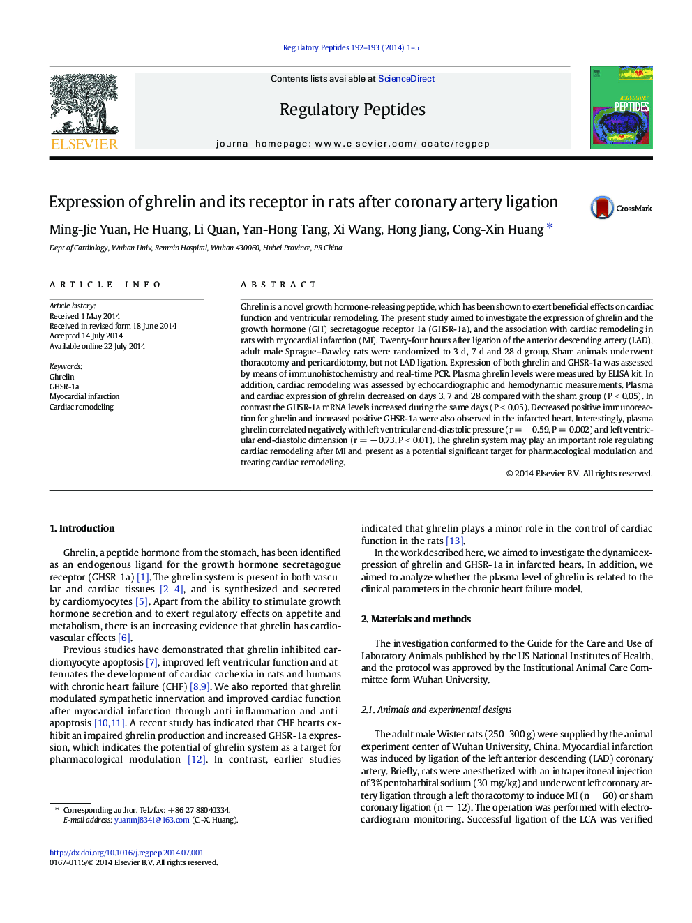 Expression of ghrelin and its receptor in rats after coronary artery ligation