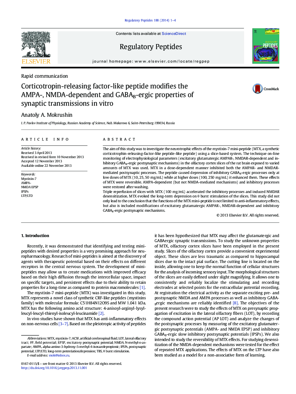 Corticotropin-releasing factor-like peptide modifies the AMPA-, NMDA-dependent and GABAB-ergic properties of synaptic transmissions in vitro