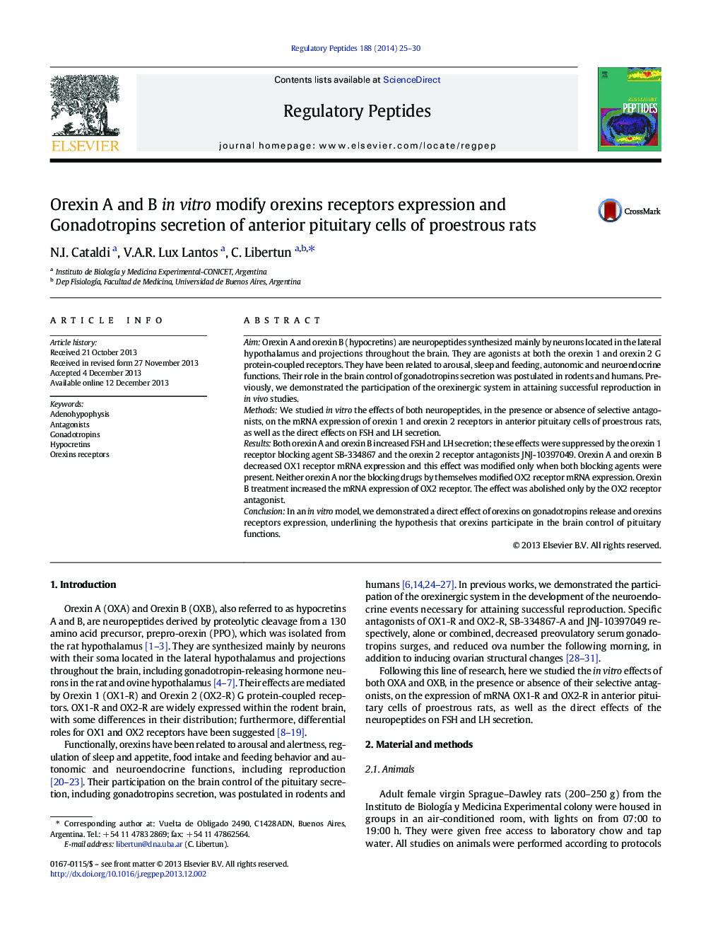 Orexin A and B in vitro modify orexins receptors expression and Gonadotropins secretion of anterior pituitary cells of proestrous rats