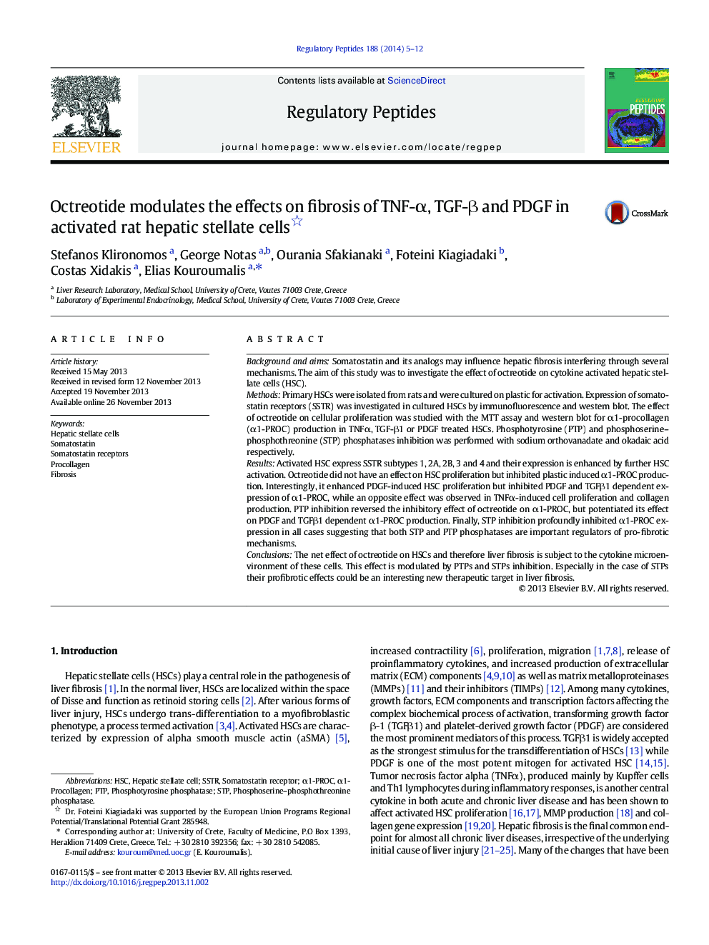 Octreotide modulates the effects on fibrosis of TNF-α, TGF-β and PDGF in activated rat hepatic stellate cells 