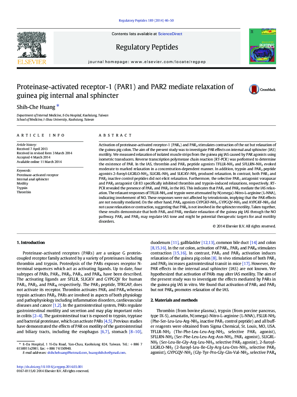 Proteinase-activated receptor-1 (PAR1) and PAR2 mediate relaxation of guinea pig internal anal sphincter