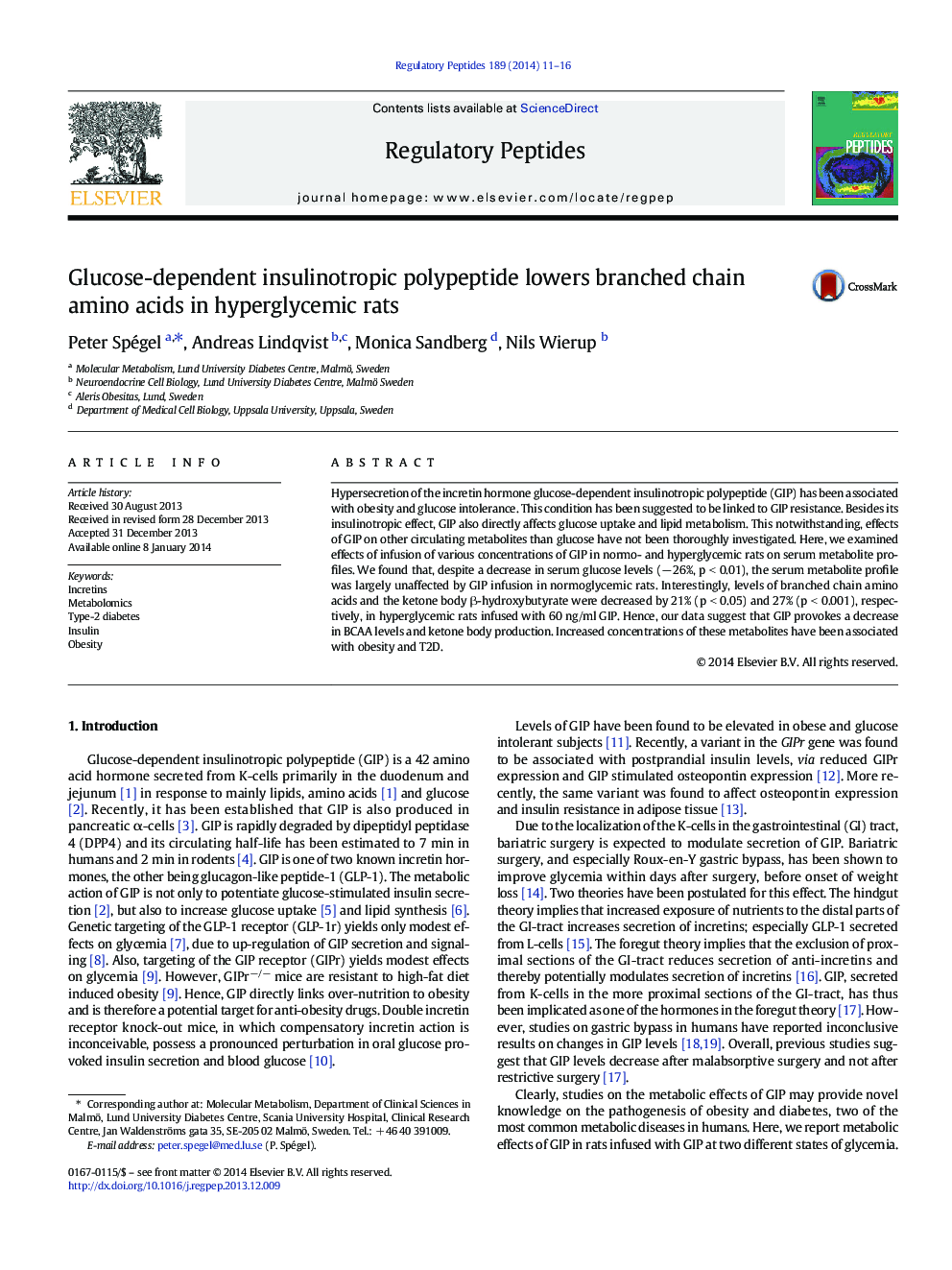 Glucose-dependent insulinotropic polypeptide lowers branched chain amino acids in hyperglycemic rats