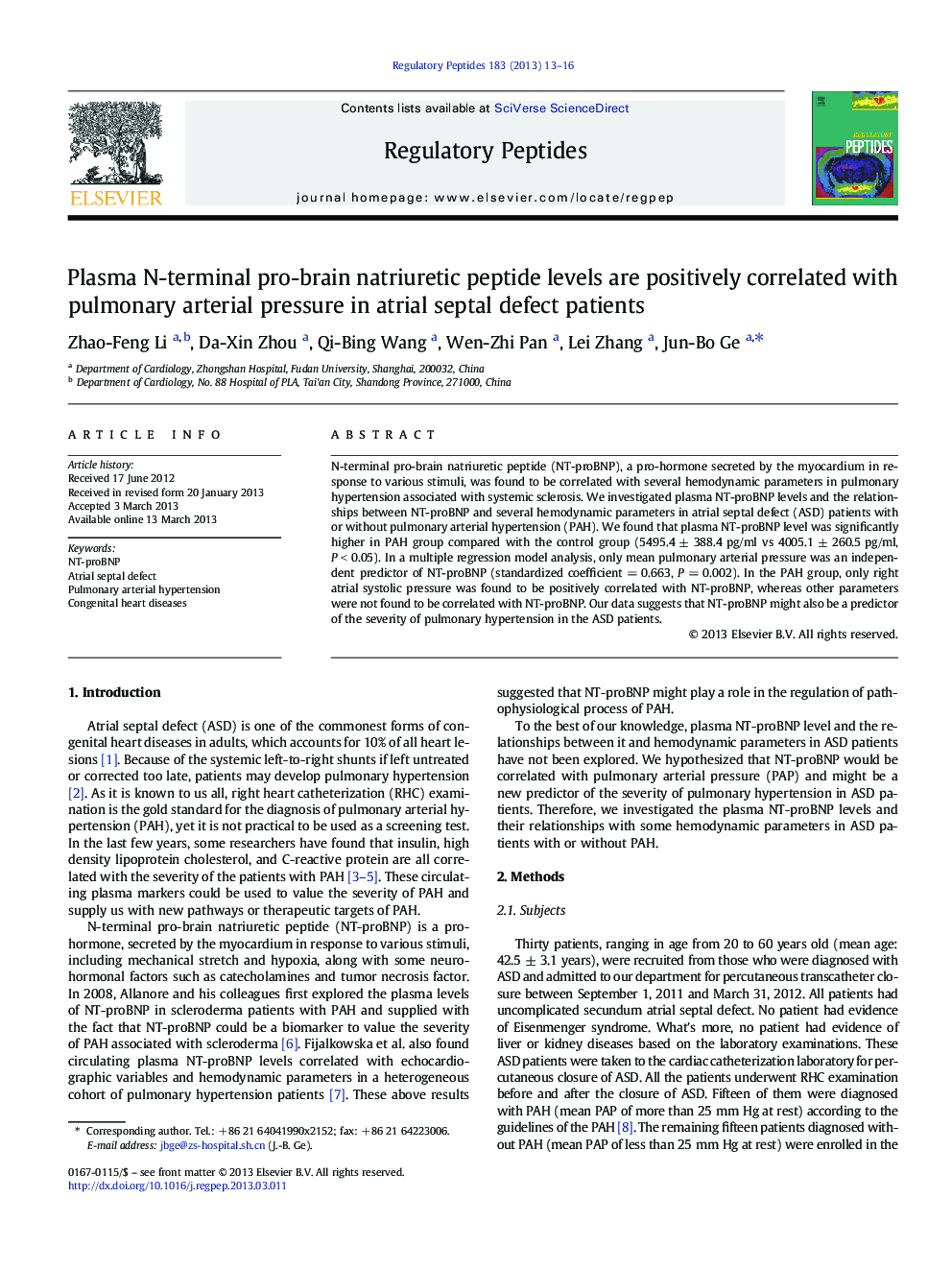 Plasma N-terminal pro-brain natriuretic peptide levels are positively correlated with pulmonary arterial pressure in atrial septal defect patients