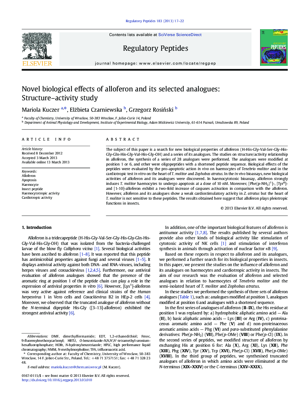 Novel biological effects of alloferon and its selected analogues: Structure–activity study