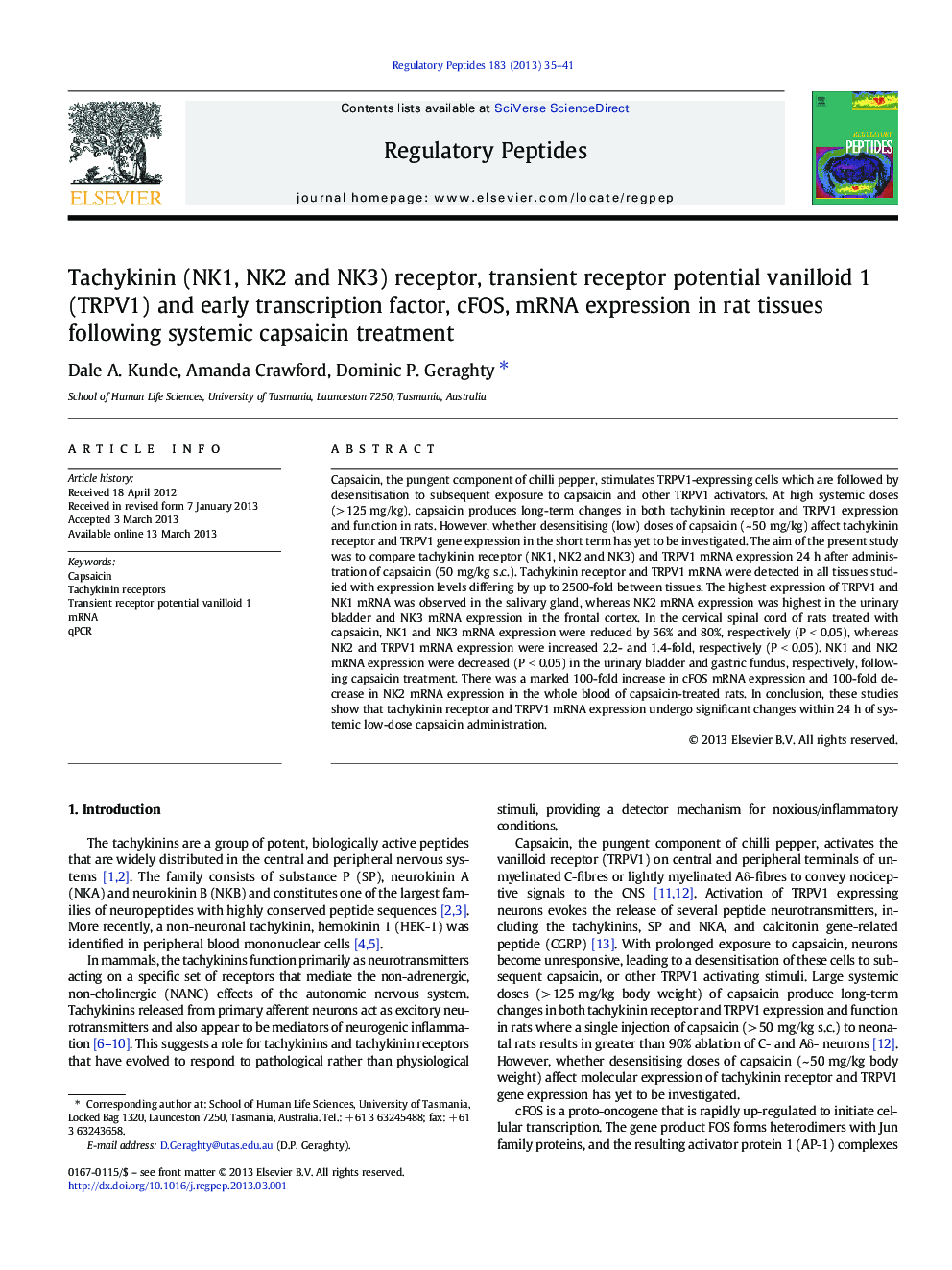 Tachykinin (NK1, NK2 and NK3) receptor, transient receptor potential vanilloid 1 (TRPV1) and early transcription factor, cFOS, mRNA expression in rat tissues following systemic capsaicin treatment