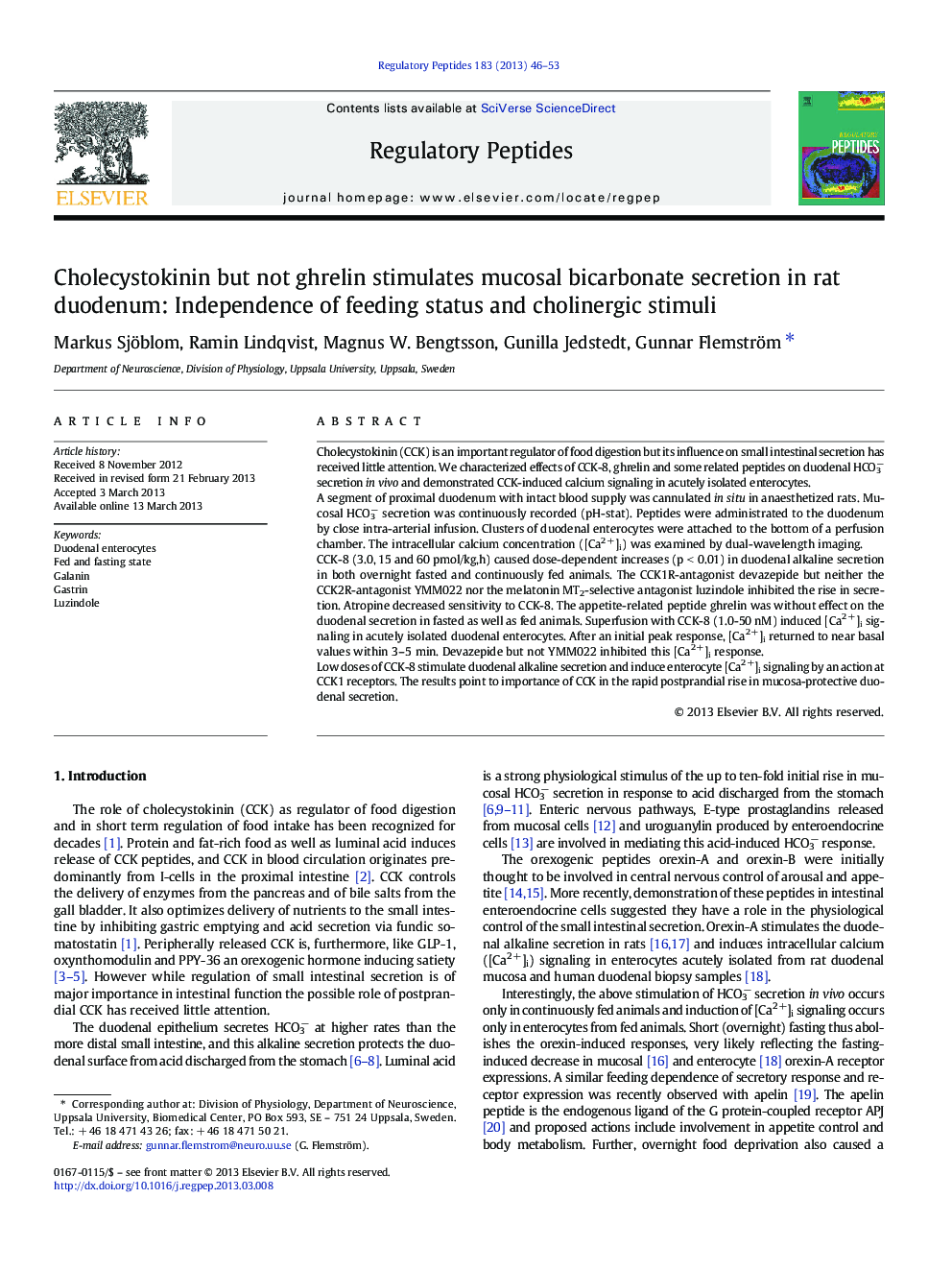 Cholecystokinin but not ghrelin stimulates mucosal bicarbonate secretion in rat duodenum: Independence of feeding status and cholinergic stimuli