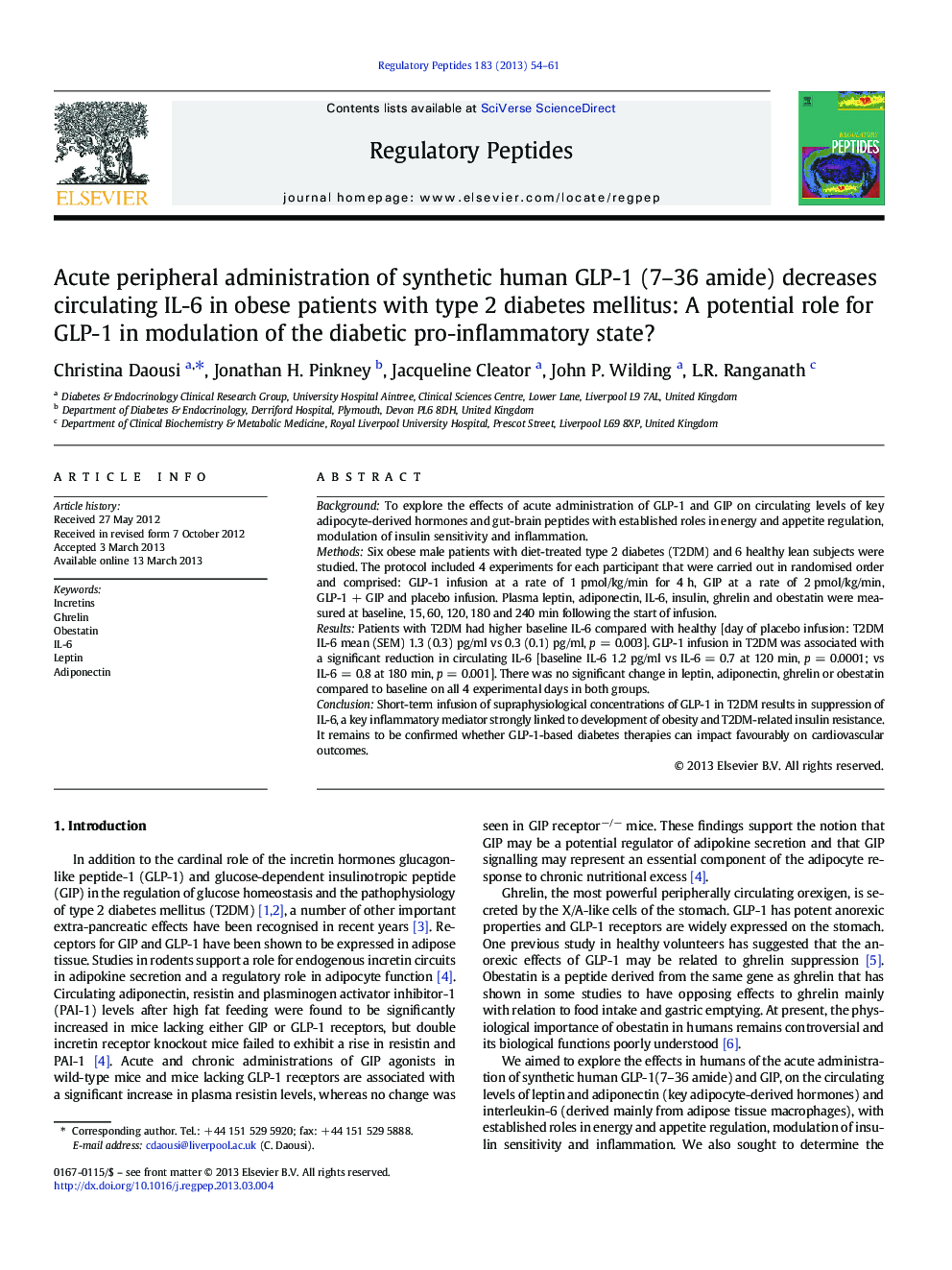 Acute peripheral administration of synthetic human GLP-1 (7–36 amide) decreases circulating IL-6 in obese patients with type 2 diabetes mellitus: A potential role for GLP-1 in modulation of the diabetic pro-inflammatory state?