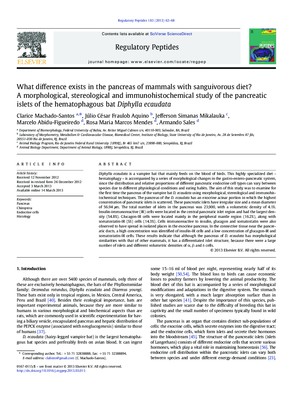 What difference exists in the pancreas of mammals with sanguivorous diet? A morphological, stereological and immunohistochemical study of the pancreatic islets of the hematophagous bat Diphylla ecaudata