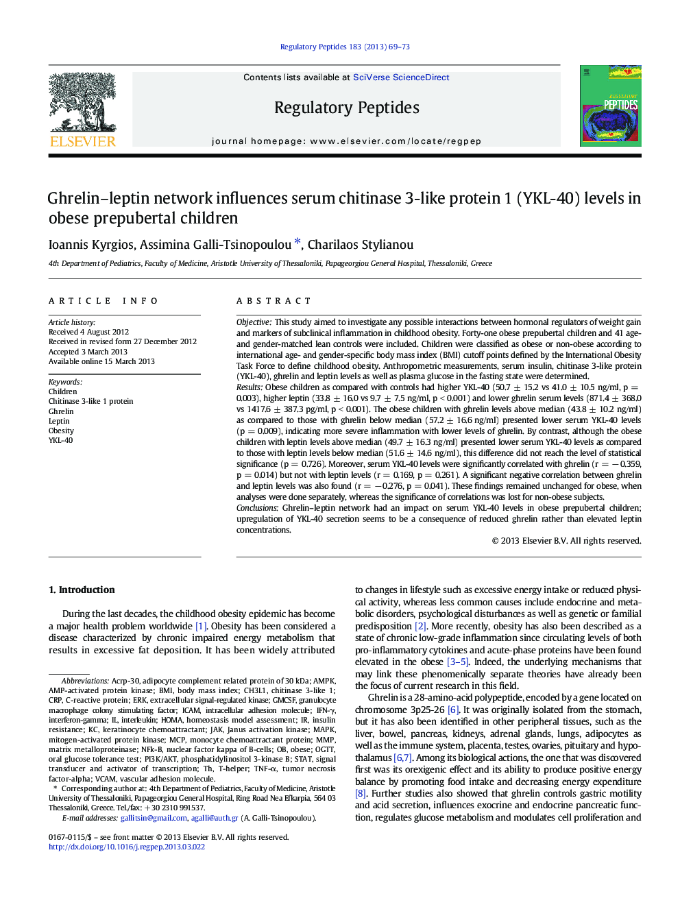 Ghrelin–leptin network influences serum chitinase 3-like protein 1 (YKL-40) levels in obese prepubertal children