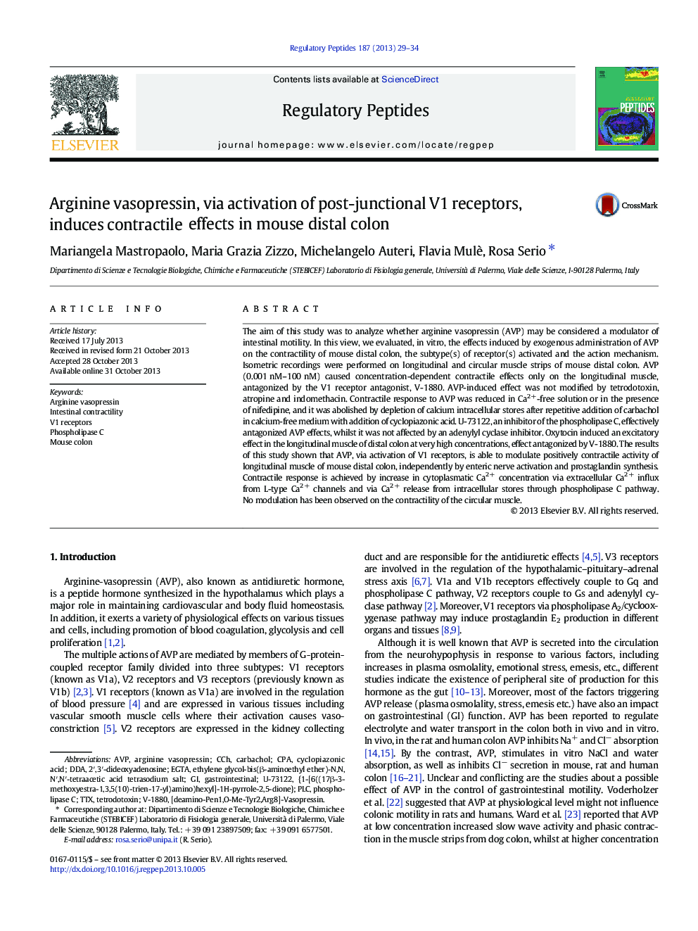 Arginine vasopressin, via activation of post-junctional V1 receptors, induces contractile effects in mouse distal colon