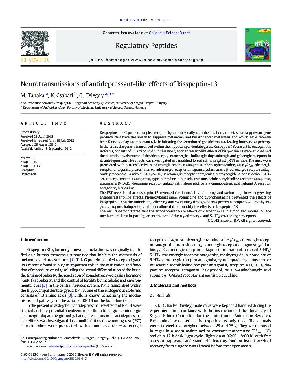 Neurotransmissions of antidepressant-like effects of kisspeptin-13