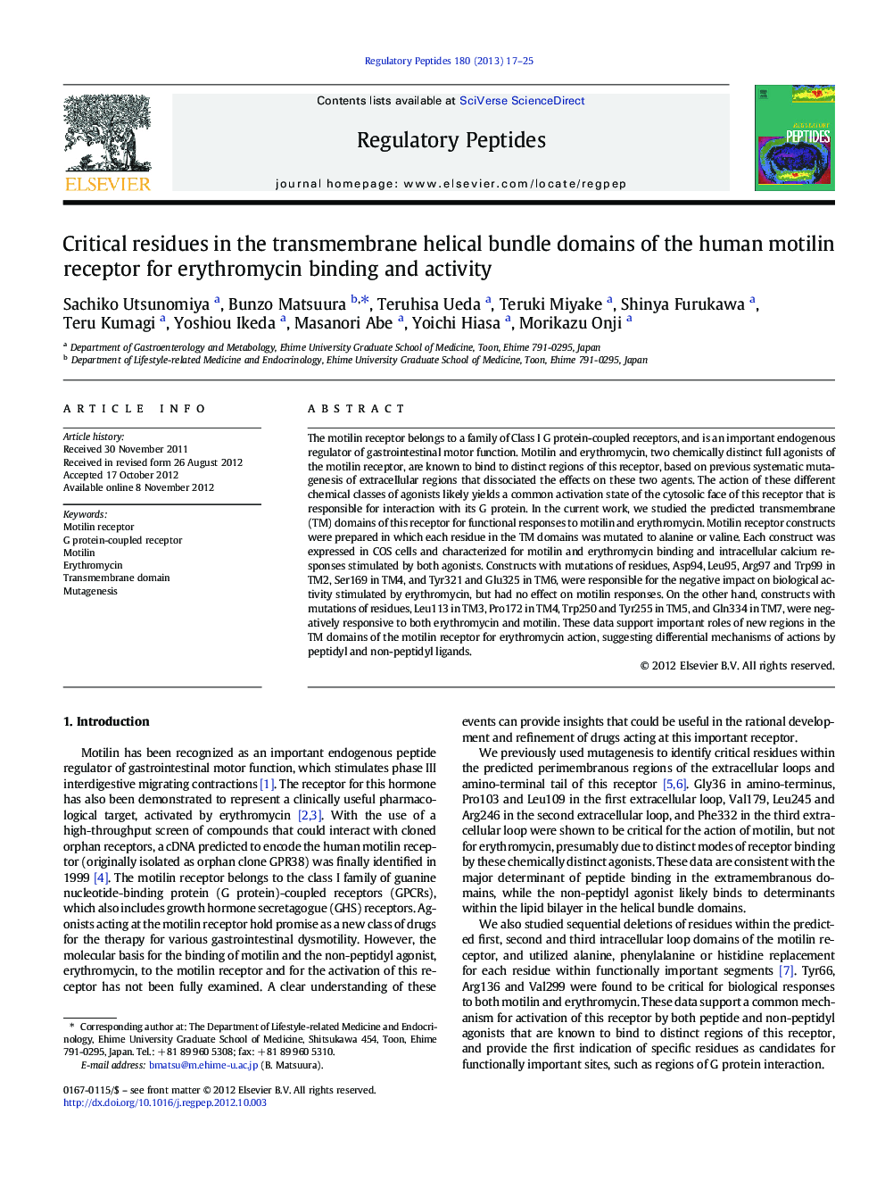 Critical residues in the transmembrane helical bundle domains of the human motilin receptor for erythromycin binding and activity