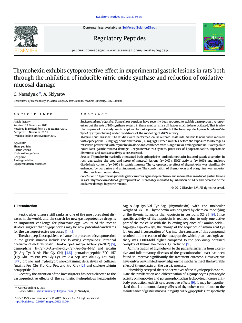 Thymohexin exhibits cytoprotective effect in experimental gastric lesions in rats both through the inhibition of inducible nitric oxide synthase and reduction of oxidative mucosal damage