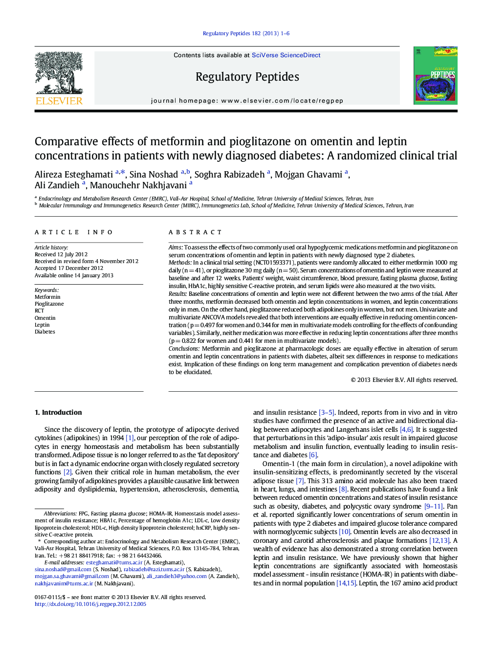 Comparative effects of metformin and pioglitazone on omentin and leptin concentrations in patients with newly diagnosed diabetes: A randomized clinical trial