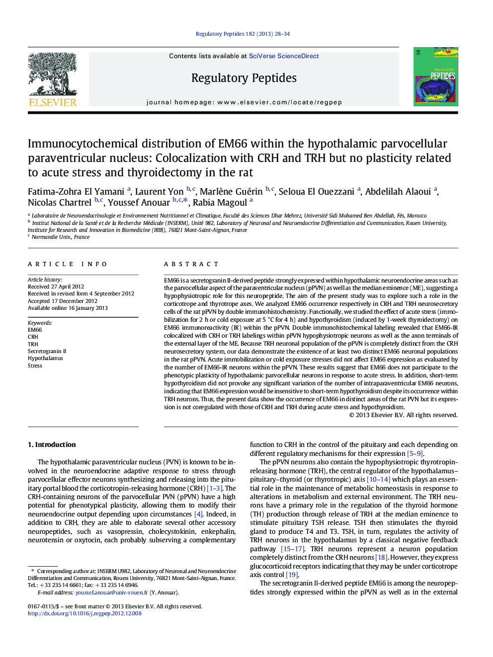 Immunocytochemical distribution of EM66 within the hypothalamic parvocellular paraventricular nucleus: Colocalization with CRH and TRH but no plasticity related to acute stress and thyroidectomy in the rat