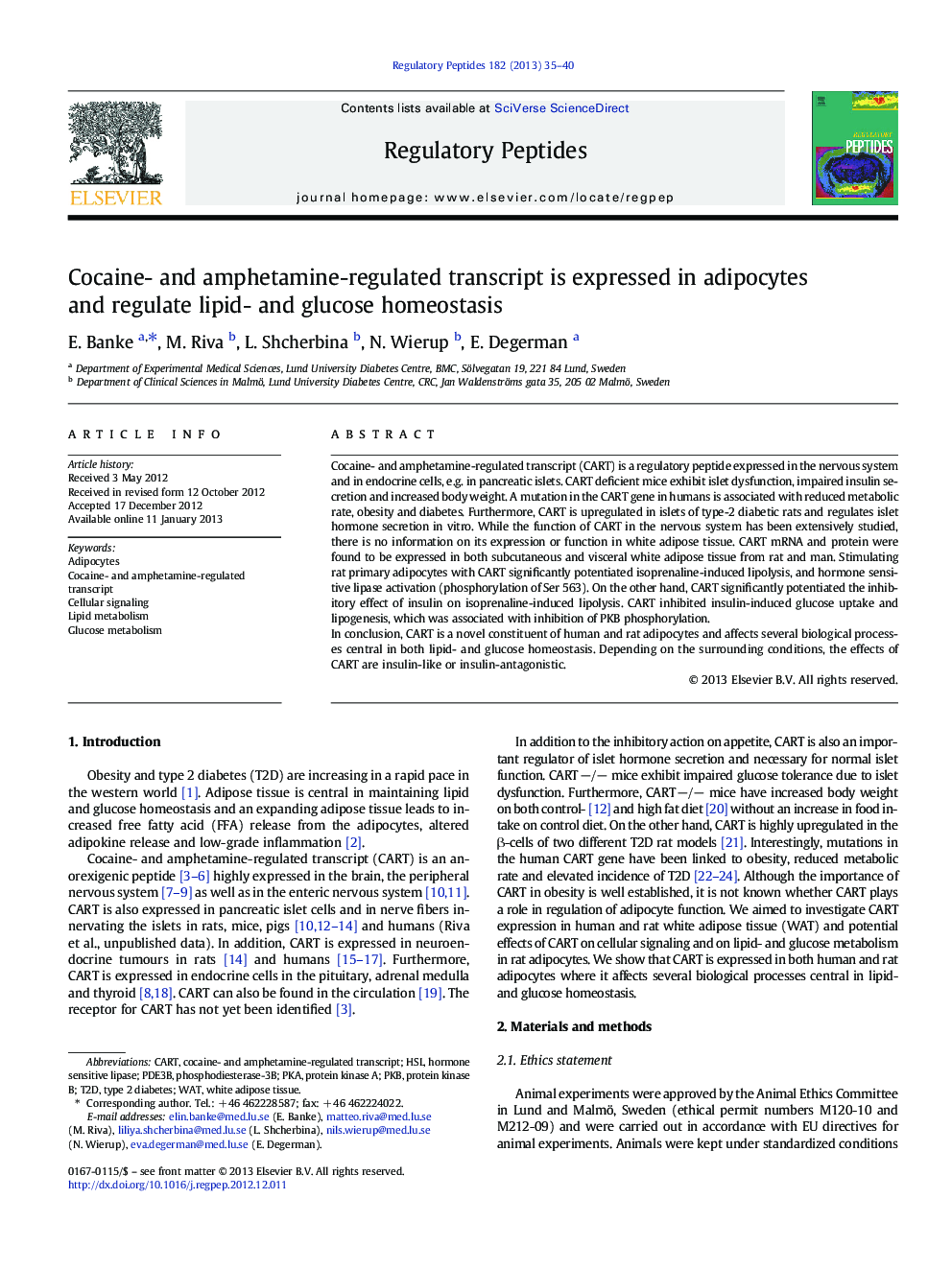 Cocaine- and amphetamine-regulated transcript is expressed in adipocytes and regulate lipid- and glucose homeostasis