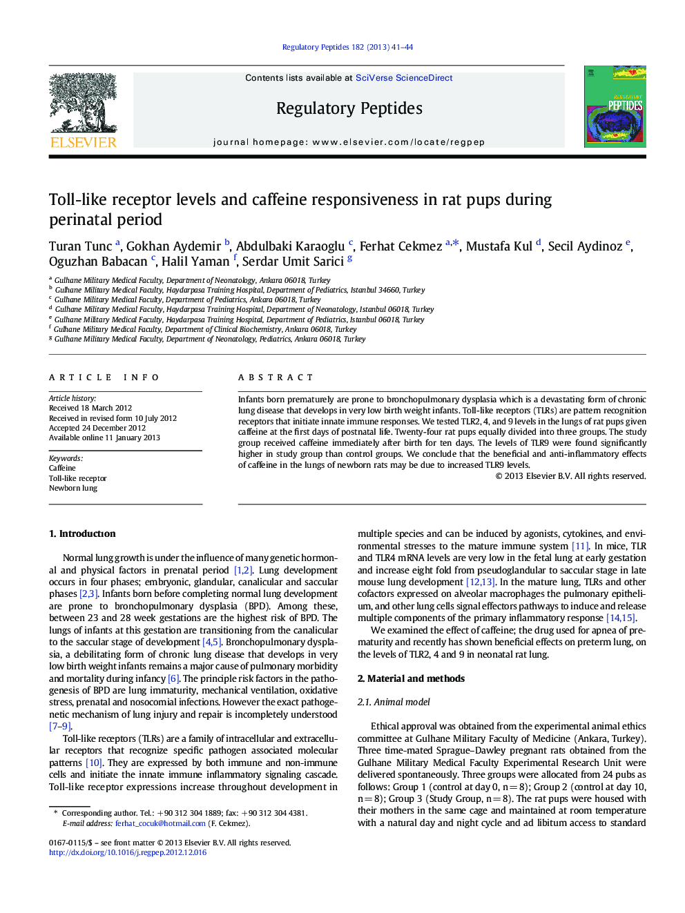 Toll-like receptor levels and caffeine responsiveness in rat pups during perinatal period