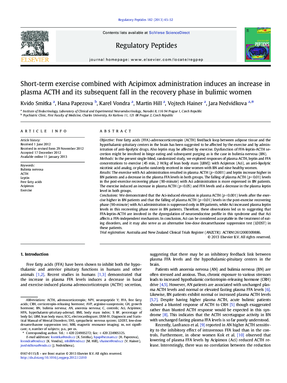 Short-term exercise combined with Acipimox administration induces an increase in plasma ACTH and its subsequent fall in the recovery phase in bulimic women