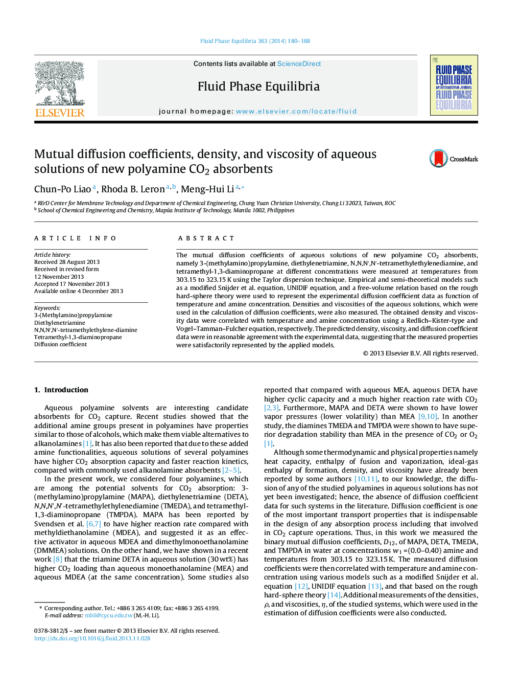 Mutual diffusion coefficients, density, and viscosity of aqueous solutions of new polyamine CO2 absorbents