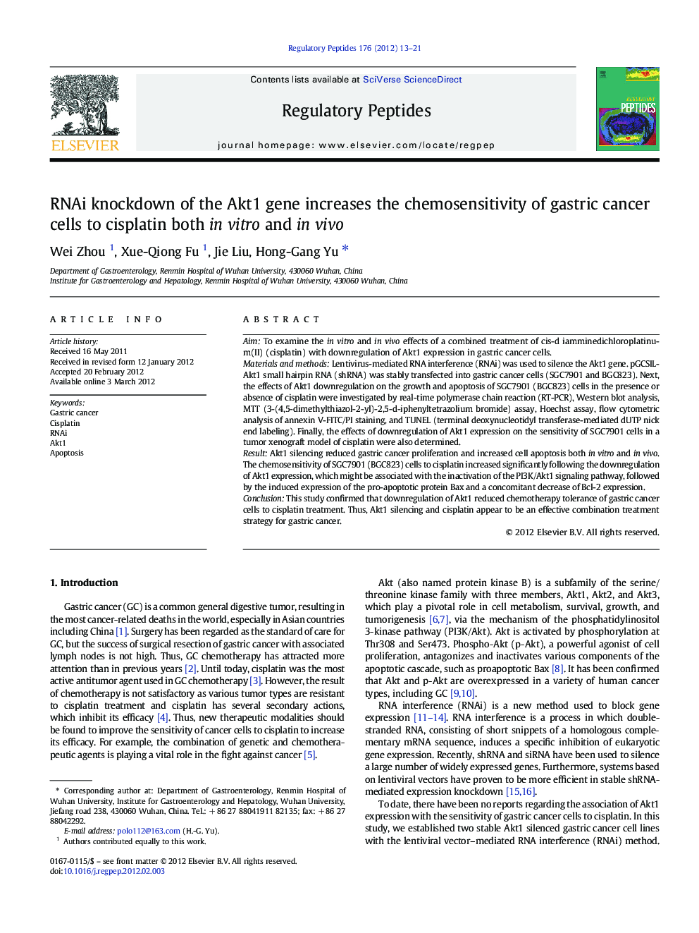 RNAi knockdown of the Akt1 gene increases the chemosensitivity of gastric cancer cells to cisplatin both in vitro and in vivo