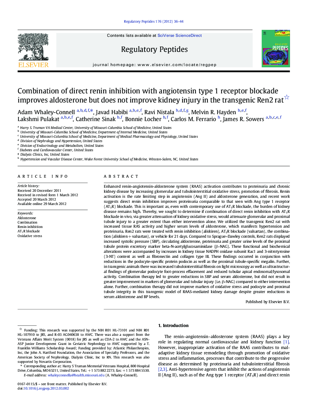 Combination of direct renin inhibition with angiotensin type 1 receptor blockade improves aldosterone but does not improve kidney injury in the transgenic Ren2 rat