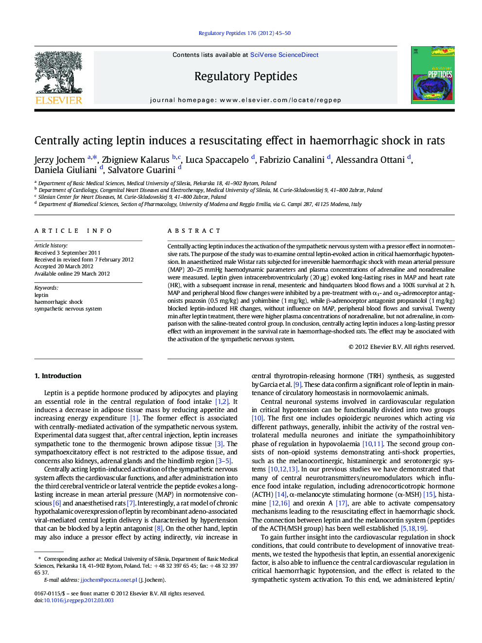 Centrally acting leptin induces a resuscitating effect in haemorrhagic shock in rats