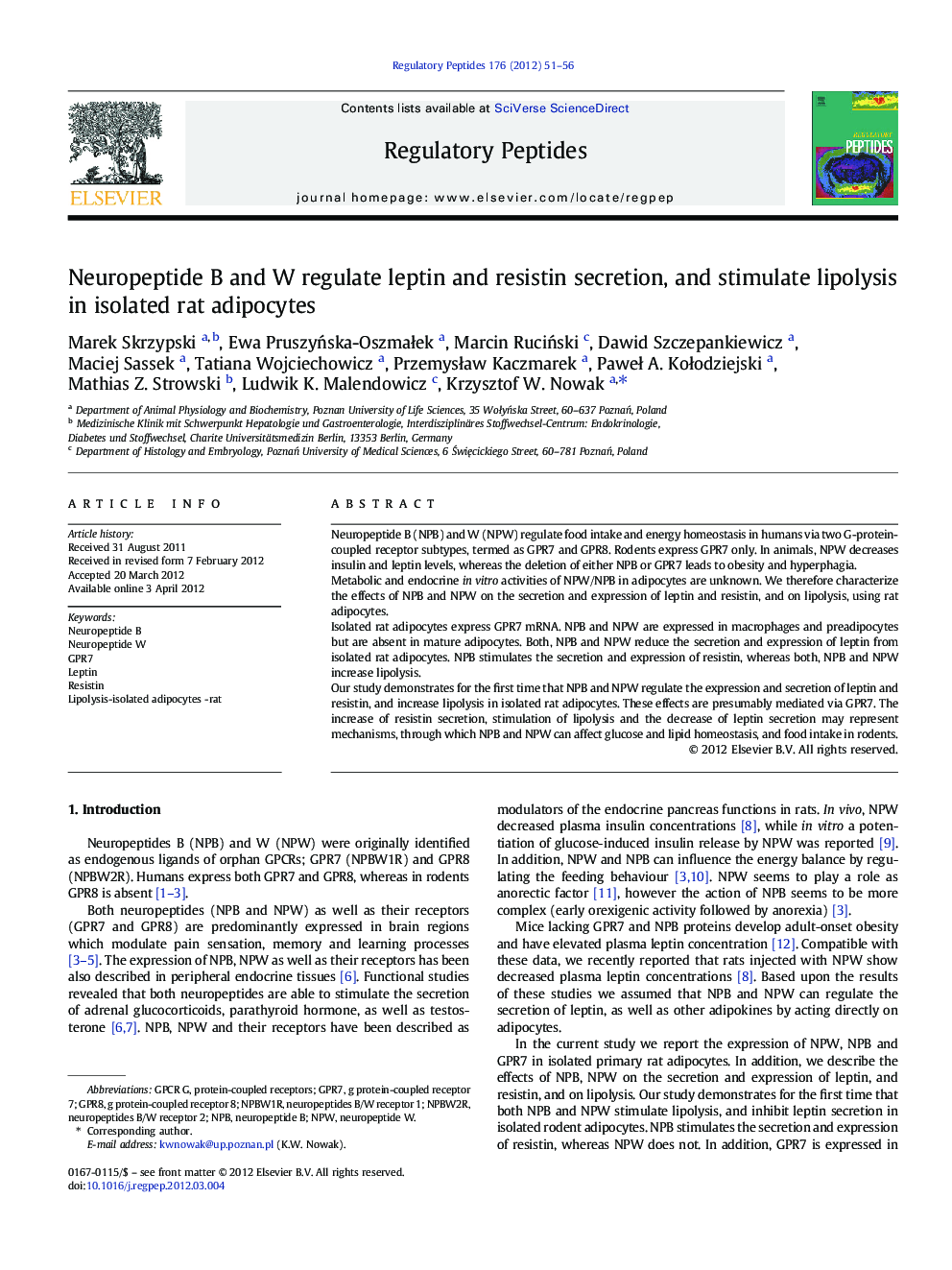 Neuropeptide B and W regulate leptin and resistin secretion, and stimulate lipolysis in isolated rat adipocytes